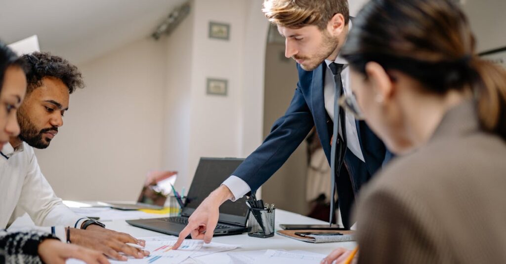 A diverse team engaged in a business meeting, fostering collaboration and teamwork in an office setting.